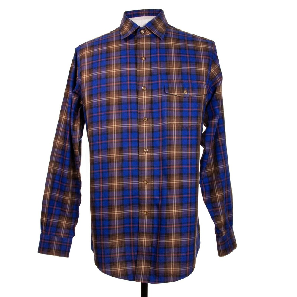 Brooks‎ Brothers Slim Fit Mens M Blue Brown Plaid Check Cotton Non Iron LS Shirt